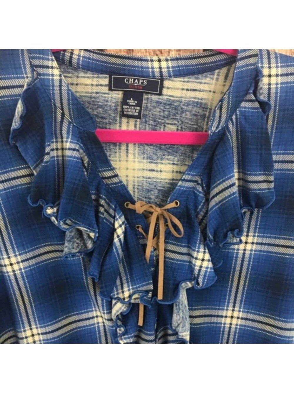 Denim Flannel Ruffled V Neck Pullover - Picture 6 of 7